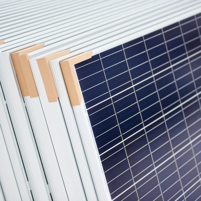 Alternative electricity source. Stack of photovoltaic solar panels. Renewable energy production modules blue modern sustainable resources ecological power plant